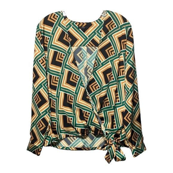 Drew Vienna Blouse Abstract Green Geometric Lightweight Relaxed Fit Wrap Tie Top - Picture 7 of 9